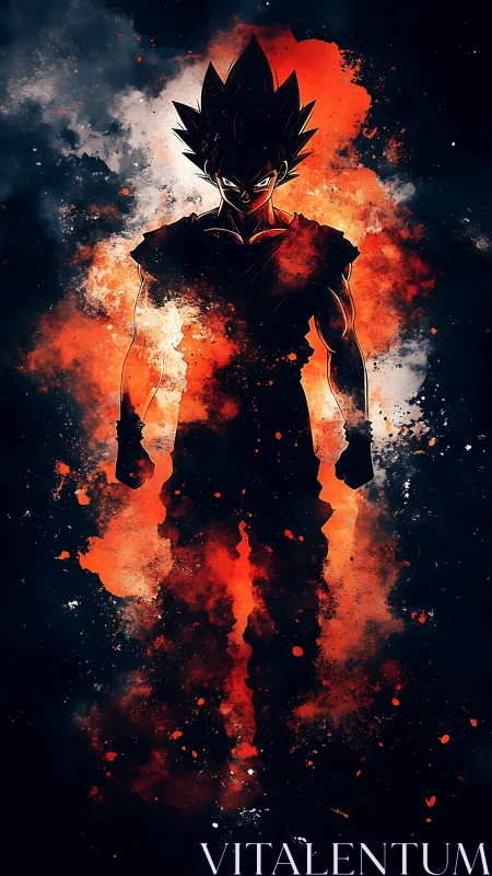 Anime silhouette with explosive red energy splash composition.