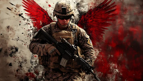 Digital warrior portrait with red angel wings backdrop.