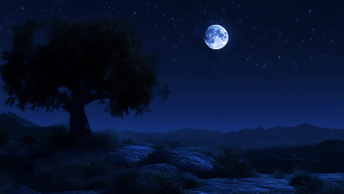 Tranquil Night Landscape With Lone Tree and Bright Full Moon.