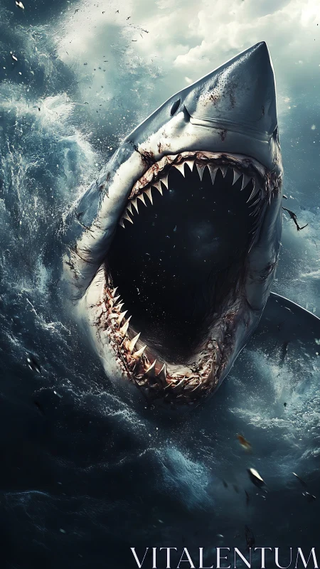 Roaring ocean predator rising from stormy teal waves.