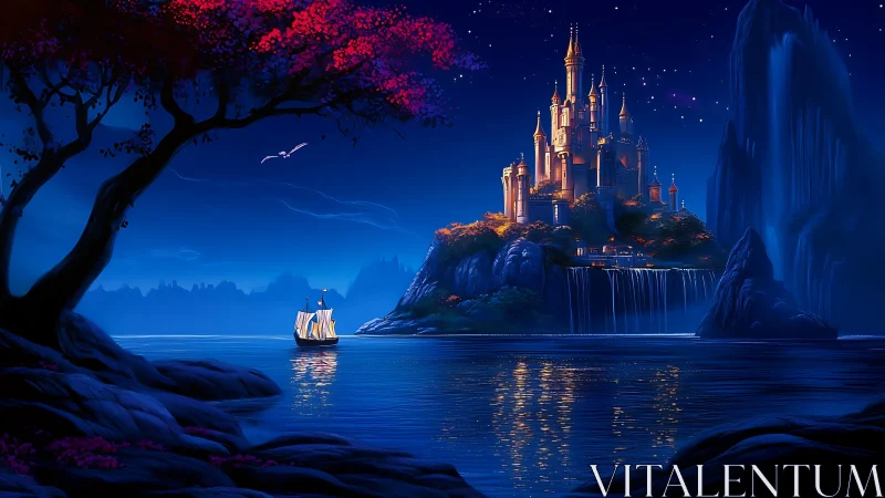 Nocturnal Fantasy Castle on Mountainous Island with Illuminated Architectural Spires