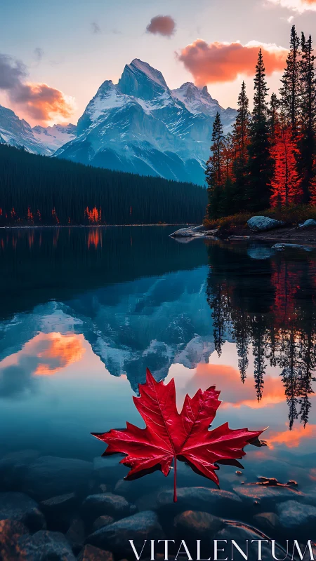 Crimson maple leaf mirrors alpine peaks at sunset glow.
