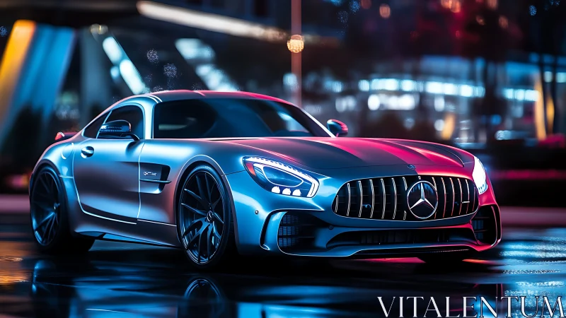 Silver sports coupe under neon urban night lighting.