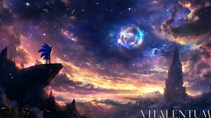 Stargazing speedster atop cosmic cliffs at pastel dawn.