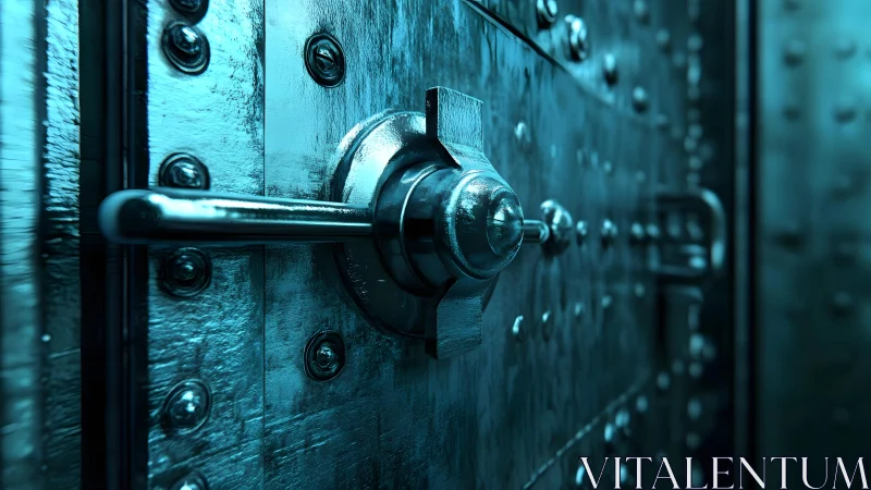 Heavy steel vault door close-up with dramatic blue lighting.