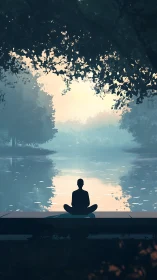Peaceful lake meditation at sunrise in a quiet forest.