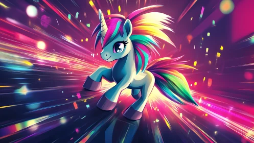 Neon rainbow unicorn sprint in kinetic light tunnel.