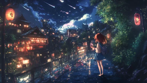 Girl walks neon-lit riverside street under falling stars