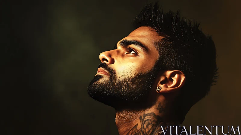 Side profile portrait of man with beard in warm light.