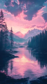 Dreamlike river valley glows beneath vibrant pink sunset.