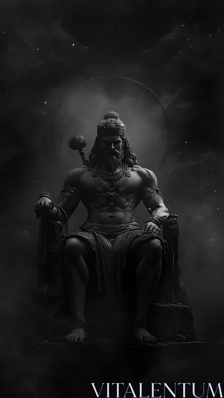 Ancient warlord god broods on a throne of swirling shadows
