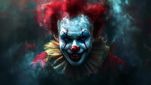 Close frontal view of sinister clown in dark environment.