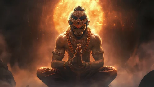 Mythic humanoid monkey figure meditating before fire halo.