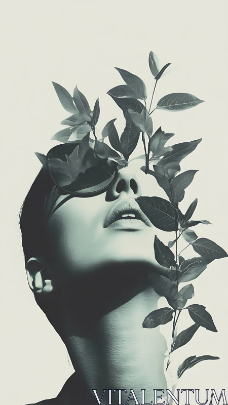 Digital double exposure portrait entwined with botanical growth.