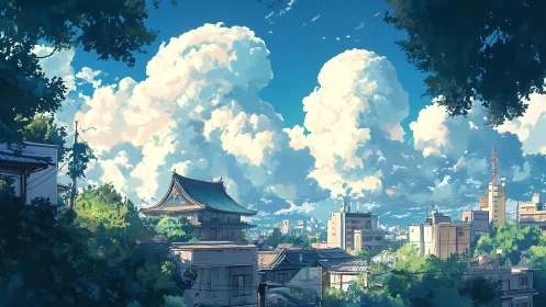 Sunlit Japanese cityscape rests beneath towering summer clouds