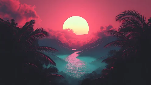 Neon-graded tropical valley sunset with reflective waterway glow