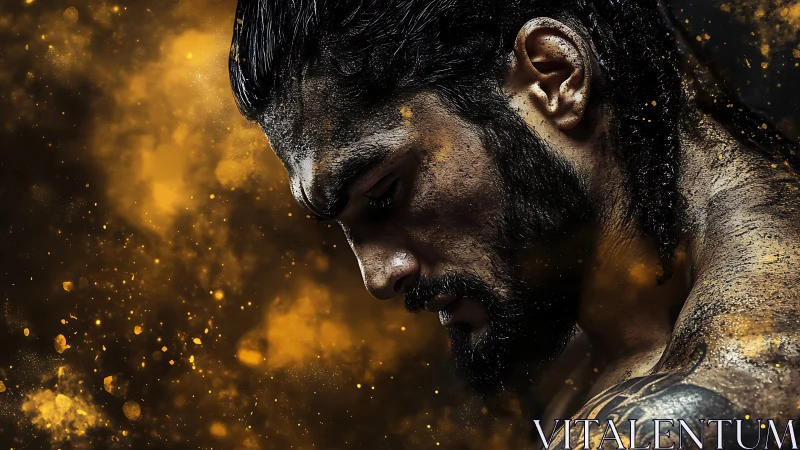 Photorealistic warrior portrait with golden particle bokeh focus.