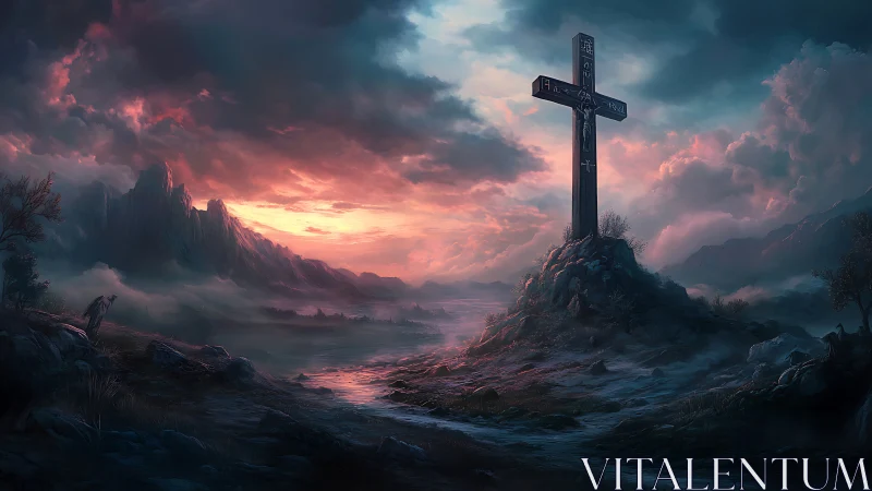 Cross stands on rocky hill within misty valley at sunset