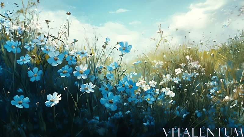 Blue and white wildflowers dancing in a serene summer meadow.