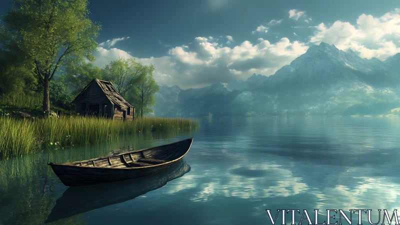 Tranquil wooden boat on misty alpine lakeshore morning.