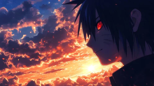 Anime boy with glowing red eyes observes fiery sunset sky
