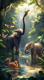 Sunlit jungle stream with elephants and birds at peace.