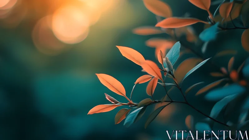 Backlit orange foliage renders soft bokeh against teal field