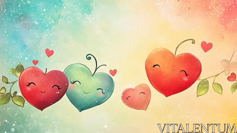 Anthropomorphic Hearts in Bloom: Watercolor Romance Composition.