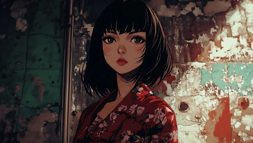 Anime portrait girl in red floral kimono before decayed wall.