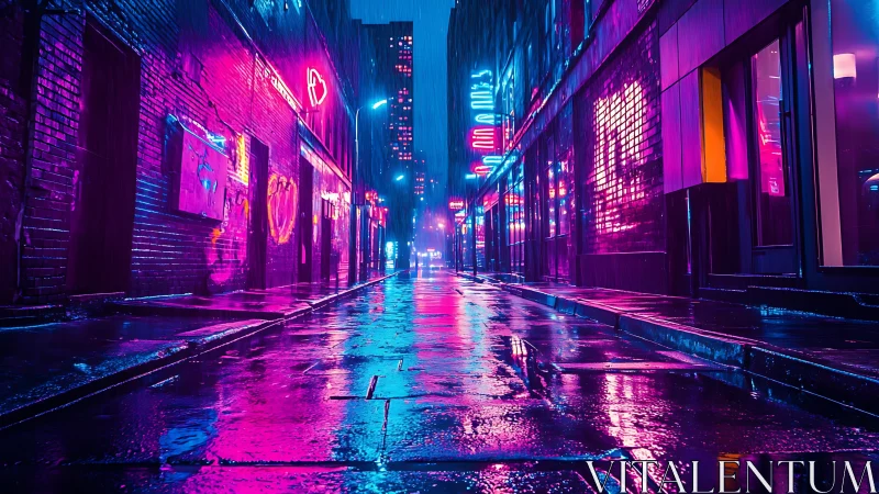 Neon rainlit alleyway glowing with late night city dreams.