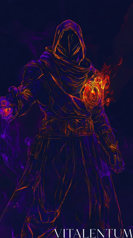 Hooded flamecaster wrapped in neon twilight energy.