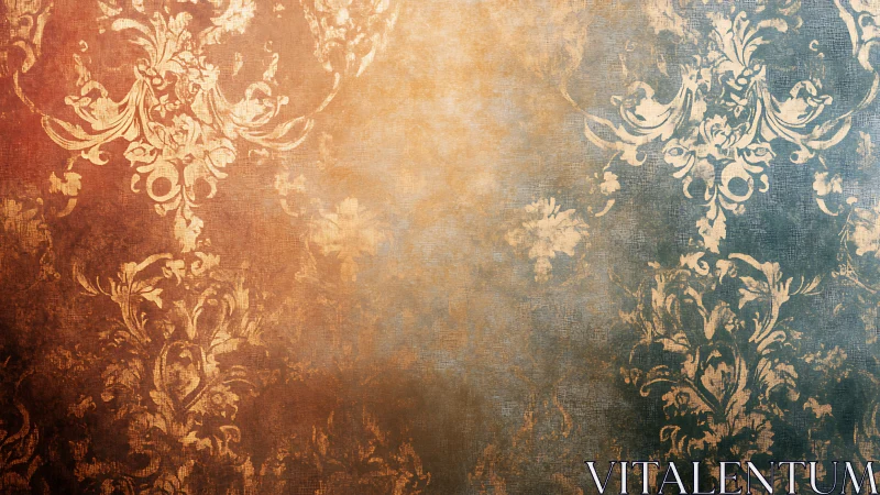 Distressed damask wallpaper gradient with baroque floral arabesques
