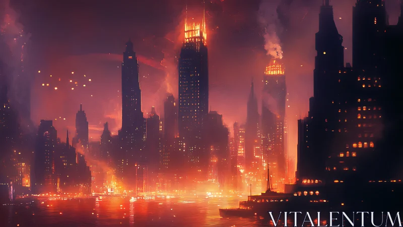 Burning neon skyline engulfs a futuristic harbor city