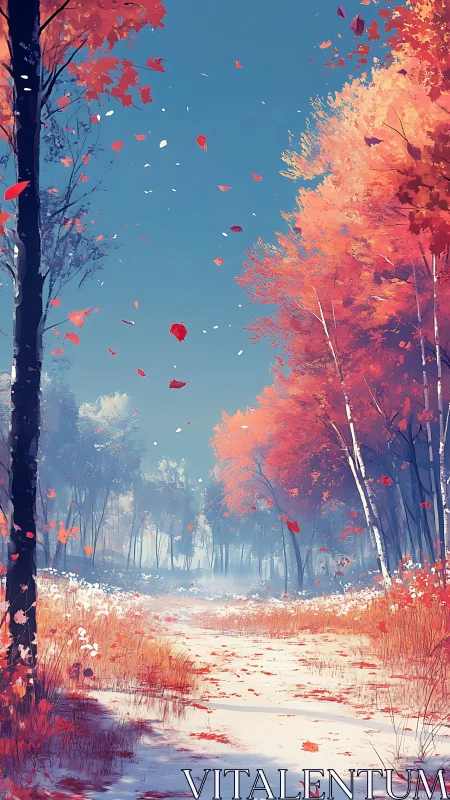 Gentle autumn forest path under a bright, endless sky.