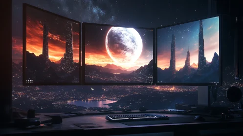 Triple monitor sci fi desktop with alien landscape view.