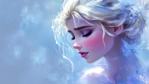 Side profile portrait of icy-haired woman in soft blues.