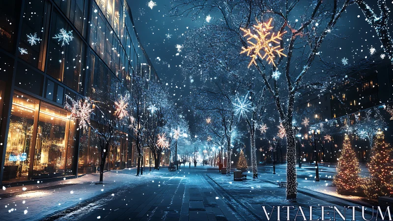 Urban winter streetscape rendered with dense LED snowflake lighting