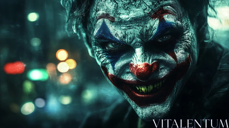 Sinister clown portrait with high contrast lighting and gritty texture