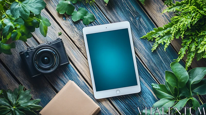 White Tablet Dreams: Workspace Serenity Meets Digital Wilderness.