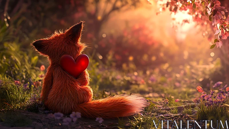 Digital painting of fox with heart in luminous spring glade.
