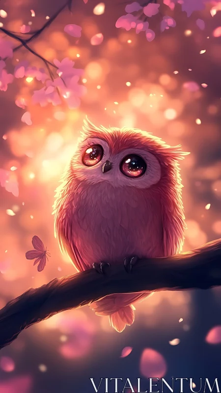 Small stylized owl on branch amid pink petals at dusk.