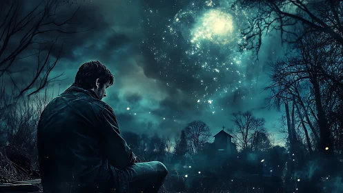 Solitary figure under luminous night sky beside chapel.
