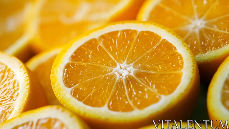 Close-up view of halved oranges in tight clustered arrangement.
