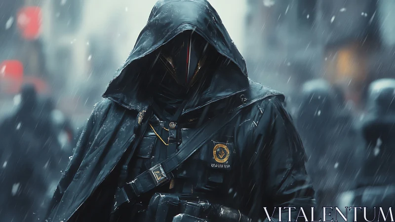 Hooded cybernetic enforcer patrolling rain-soaked city street.