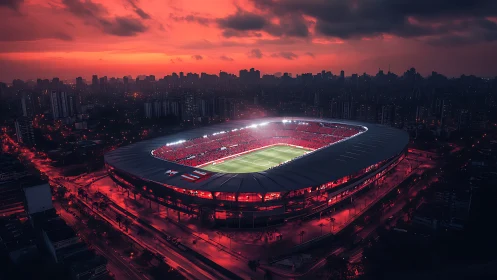Floodlit football stadium glows against a dramatic red sunset