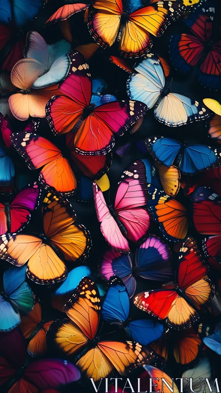 Clustered multicolored butterflies with detailed wing patterns.