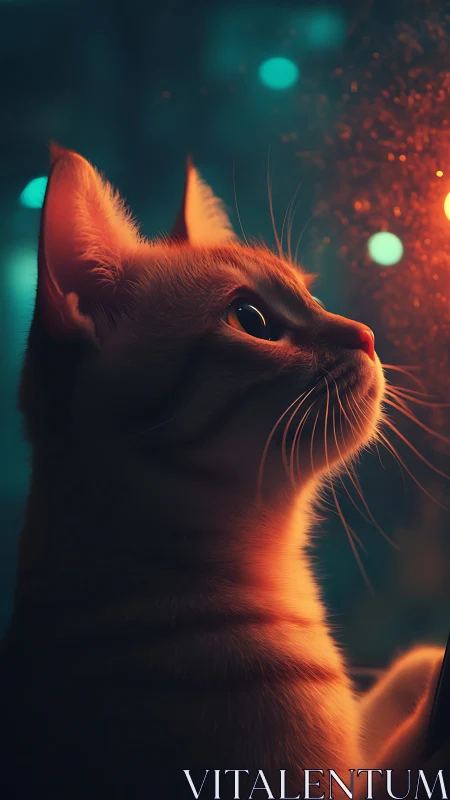 Cinematic feline portrait renders warm bokeh-lit profile study