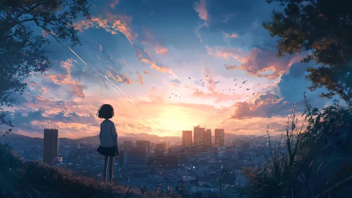 Backlit schoolgirl observes sunset skyline with layered atmospheric depth