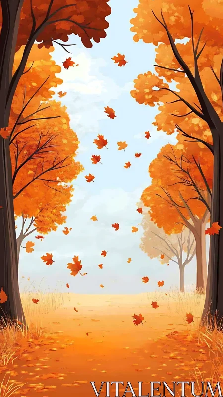 Autumn Forest Pathway: Trees Frame Falling Leaves.