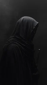 Hooded shadow wanderer holding secrets in the dark.